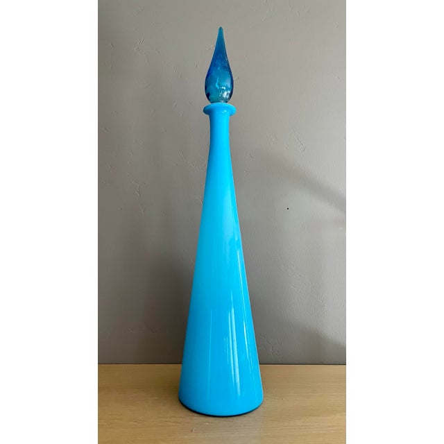 Vintage Large Italian Empoli Cased Glass Blue Genie Bottle Decanter