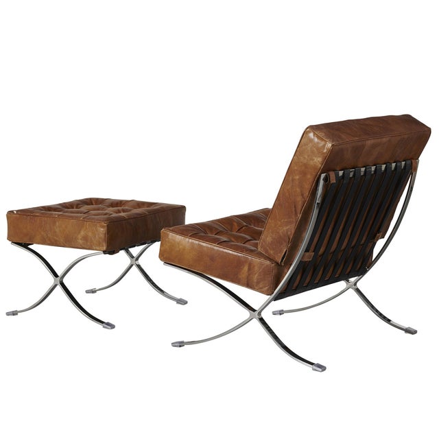 2020s Francisco Modern Curule Style Chair and Ottoman Set - Brown Leather For Sale - Image 5 of 9