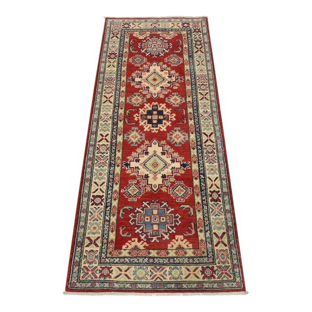 Kazak Runner 2’8” X 6’6” Red Wool Tribal Hand-Knotted Oriental Rug For Sale