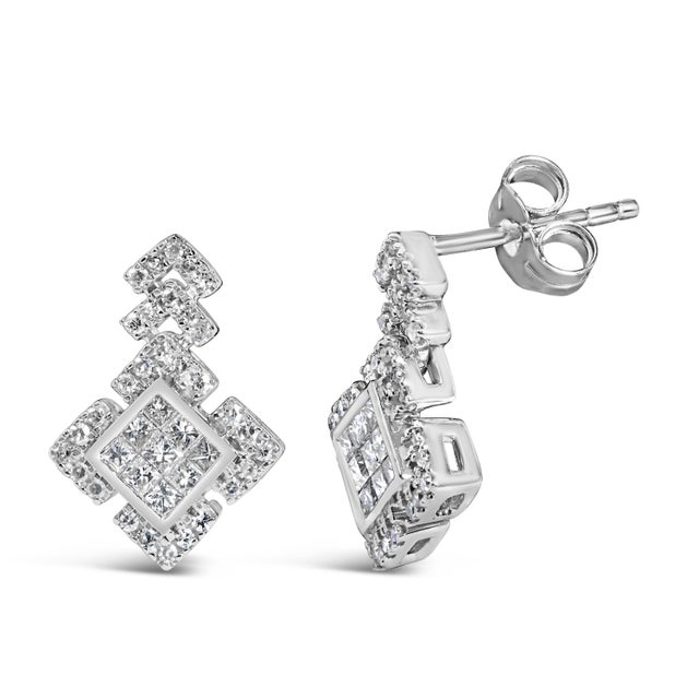 Contemporary 10K White Gold 3/5 Cttw Princess Diamond Geometric Drop Earrings For Sale - Image 3 of 4