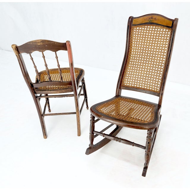 Victorian Victorian Painted Bedroom Dresser Mirror King Bed Headboard Rocking Chair Set For Sale - Image 3 of 18