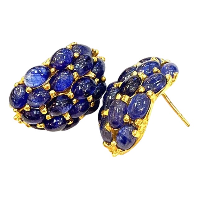 Bochic “Orient” Vintage Retro Bubble Sapphire Earrings Set 18K Gold & Silver For Sale