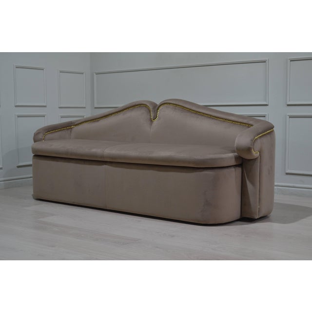 Taupe Velvet Sofa with Scalloped Backrest and Brass Nailhead Trim by Cavio Casa For Sale - Image 4 of 5