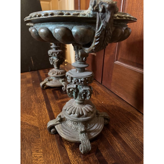 Neoclassical Pair of Monumental Neoclassical Style Bronze Urn Planters With Ram’s Head Motif For Sale - Image 3 of 4