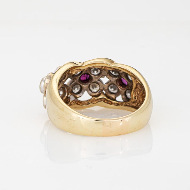 Late 20th Century Ruby Diamond Flower Ring Vintage 14k Yellow Gold Sz 8.5 Wide Cigar Band For Sale - Image 5 of 6