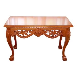 1950s Vintage Mahogany Console Table - Hand-Carved Chippendale Style With Claw Feet & Ornate Details For Sale