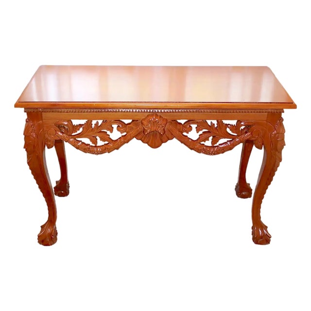 1950s Vintage Mahogany Console Table - Hand-Carved Chippendale Style With Claw Feet & Ornate Details For Sale