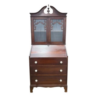 Vintage Chippendale Style Secretary Desk With Bookcase Hutch – Solid Mahogany Finish For Sale