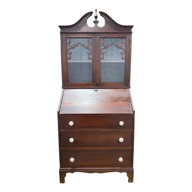 Vintage Chippendale Style Secretary Desk With Bookcase Hutch – Solid Mahogany Finish For Sale