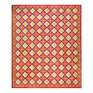 1870s Red White Diamond Antique French Needlepoint Rug 13'8" X 16'10" Flatweave Wool Carpet For Sale