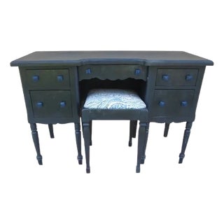 Vintage Dark Blue Wood Vanity With Stool 5 Drawer Cottage Style, 2 Pieces For Sale