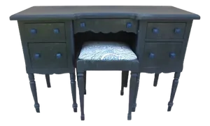 Vintage Dark Blue Wood Vanity With Stool 5 Drawer Cottage Style, 2 Pieces