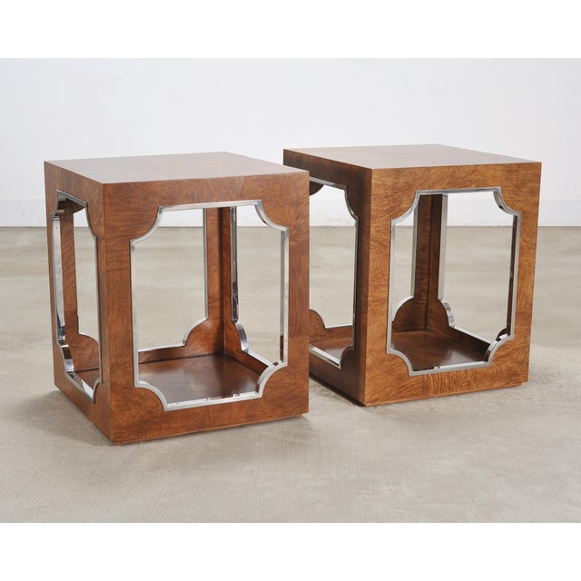Brown Pair of Bernhardt Soho Luxe Burlwood Steel Cube Drink Tables For Sale - Image 8 of 18