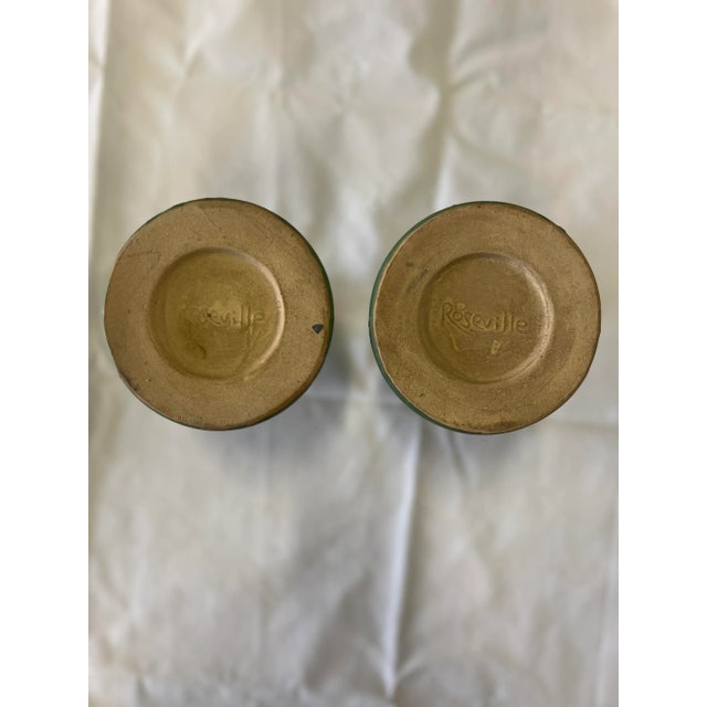 Green 1940s Style Roseville Style Pottery Candlestick Holders - a Pair For Sale - Image 8 of 11