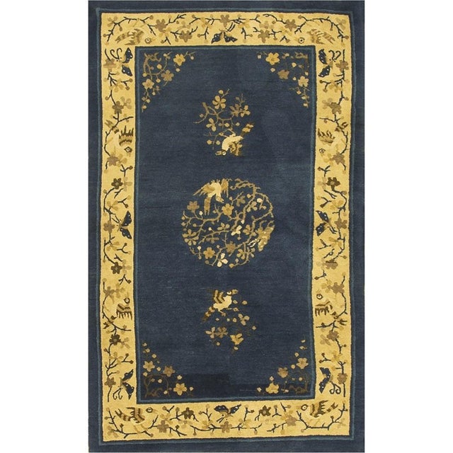 1920s Navy Floral Birds Medallion Antique Chinese Peking Knotted Wool Carpet Rug For Sale In New York - Image 6 of 6