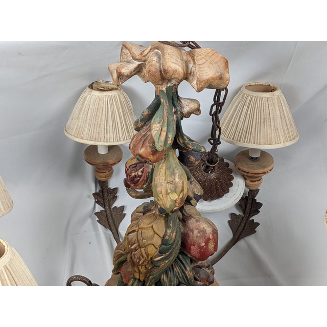 1970s Vintage Italianate Polychrome Carved Wood Fruit & Iron 6-Light Chandelier For Sale - Image 5 of 15