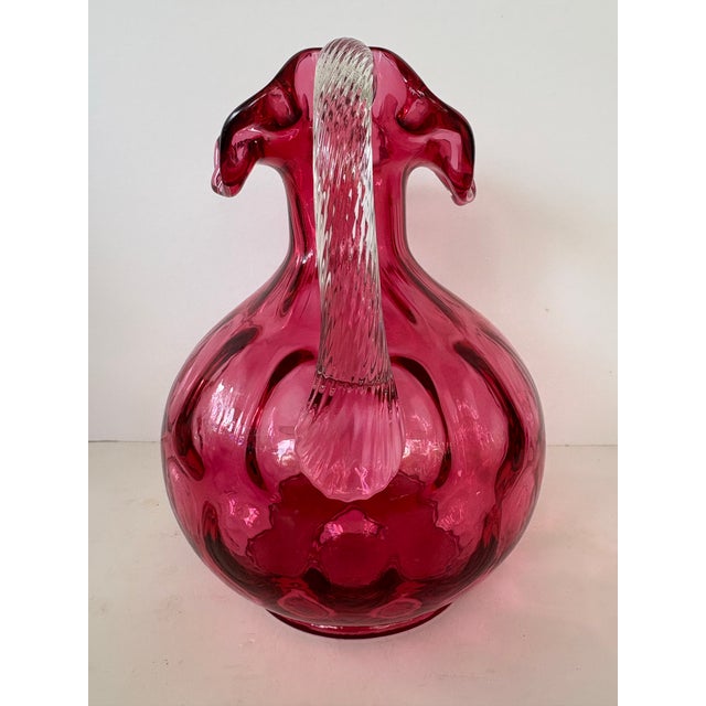 Art Deco 1950s Fenton Cranberry Coin Dot Art Glass Pitcher With Twisted Clear Handle For Sale - Image 3 of 7