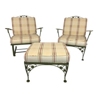 Vintage Woodard Style Wrought Iron Patio Furniture Club Chairs and Ottoman For Sale