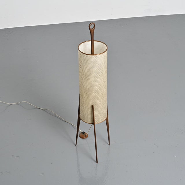 Rocket Floor Lamp in Wood, Brass and Woven Fibers, 1960s For Sale - Image 6 of 13