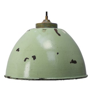 Vintage Brass and Green Enamel Pendant Light with Frosted Glass For Sale