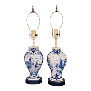 Vintage Mid-Century Modern Delft Style Blue Table Lamps - a Pair For Sale