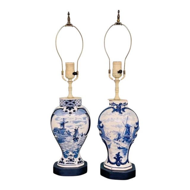 Vintage Mid-Century Modern Delft Style Blue Table Lamps - a Pair For Sale