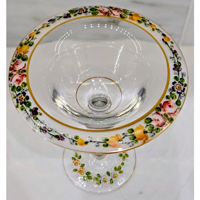 Early 20th Century Antique Bohemian Hand-Painted Floral Glass Compote Tazza For Sale - Image 5 of 8