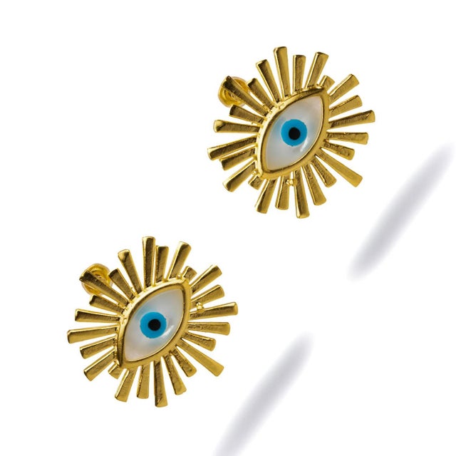Early 21st Century Guardian Aura Chunky Gold & Pearl Evil Eye Stud Earrings, A Pair For Sale - Image 5 of 7