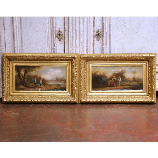 Wood Pair of 18th Century French Pastoral Oil Paintings in Original Gilt Frames For Sale - Image 7 of 11