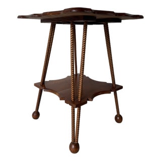 Antique Arts & Crafts Style Two-Tier Oak Accent Table With Scalloped Top Barley Twist Legs and Ball Feet For Sale