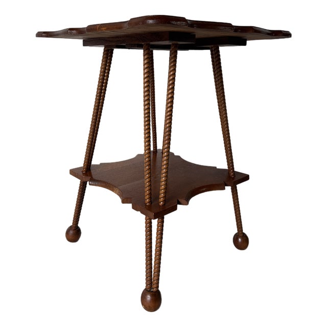 Antique Arts & Crafts Style Two-Tier Oak Accent Table With Scalloped Top Barley Twist Legs and Ball Feet For Sale