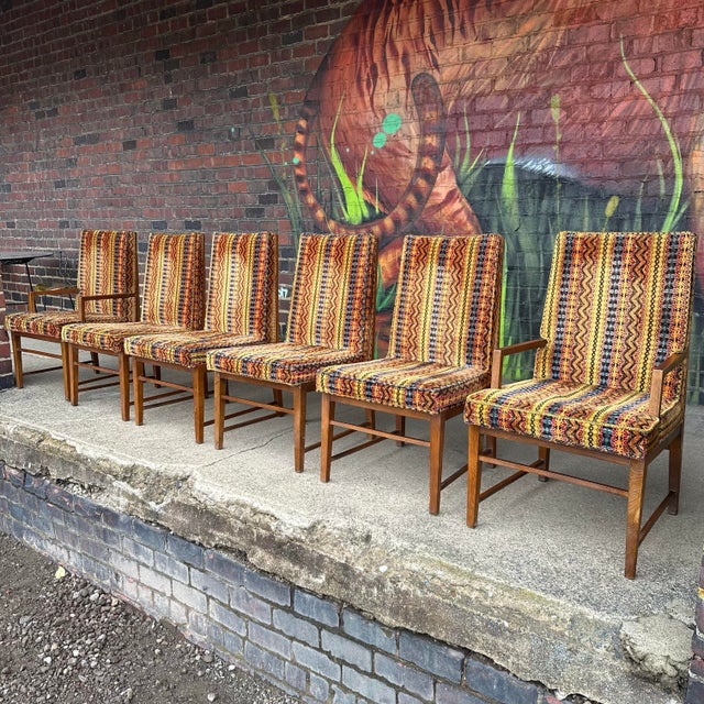 Mid-Century Modern Set of 6 Walnut Founders Dining Chairs in Possible Jack Lenor Larsen Fabric For Sale - Image 3 of 12