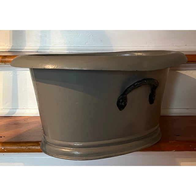 French Country Antique 19th Century French Second Empire Tole Gray Painted Oval Jardiniere Cachepot Planter With Mask Handles For Sale - Image 3 of 18
