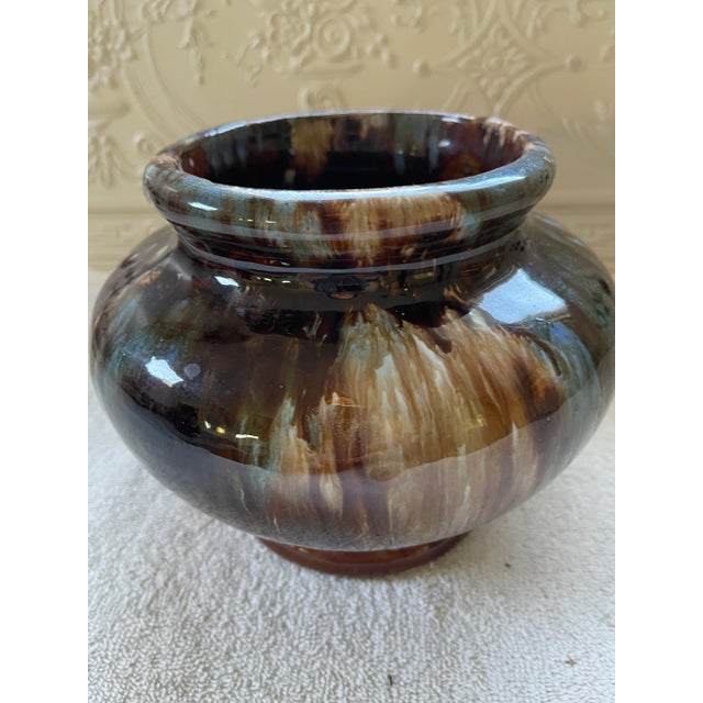 Rare and Vintage Arts and Craft Brush McCoy Pottery Vase with Drip Glaze in brick, brwon, blue and yellow colors. This...