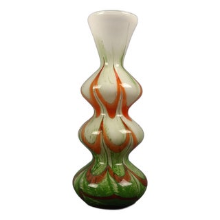 Modern Murano Glass Vase in Wavy Green, White & Orange by Carlo Moretti, 1970s For Sale