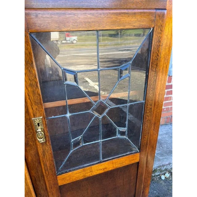 Wood Antique Early 20th Century Arts & Crafts Mission Style Leaded Glass Oak Bookcase For Sale - Image 7 of 11