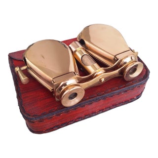 Vintage Brass Folding Binoculars With Leather Case For Sale