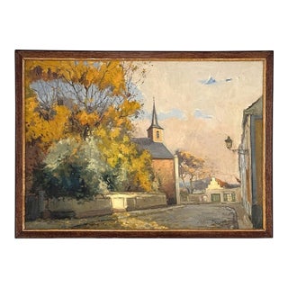 Antique Framed Oil Painting on Canvas by Victor Fermans 'Autumn Village Scene' For Sale