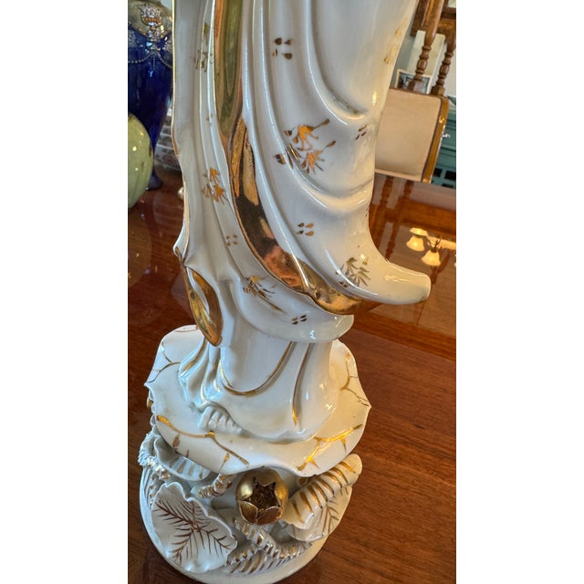 Ceramic Vintage Porcelain Guanyin Statues - Quan Yin Gold Gilt L 18" Pair C1915 Rare For Sale - Image 7 of 18