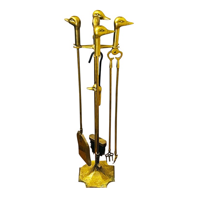MidCentury Brass Duck Head Fireplace Tools With Stand Chairish