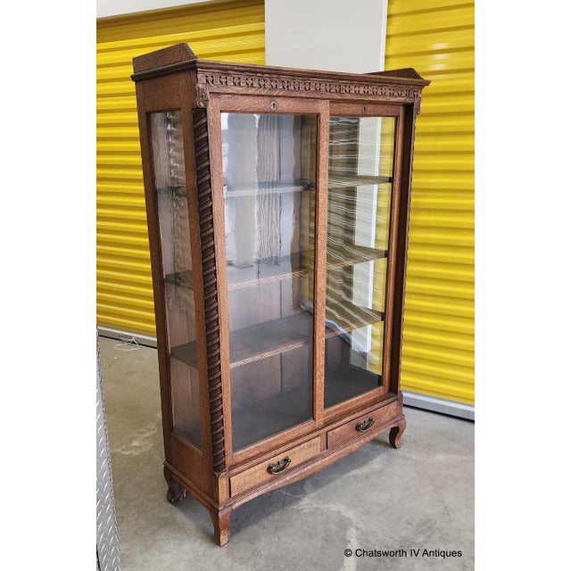 Antique Carved Quartered Oak Paine's Furniture Sliding Glass Door Bookcase C1890-1910 For Sale - Image 11 of 18
