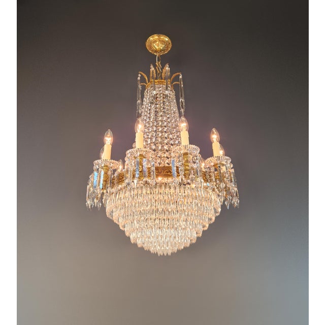 Baroque Antique French Empire Crystal Tent and Basket Chandelier Brass For Sale - Image 3 of 14