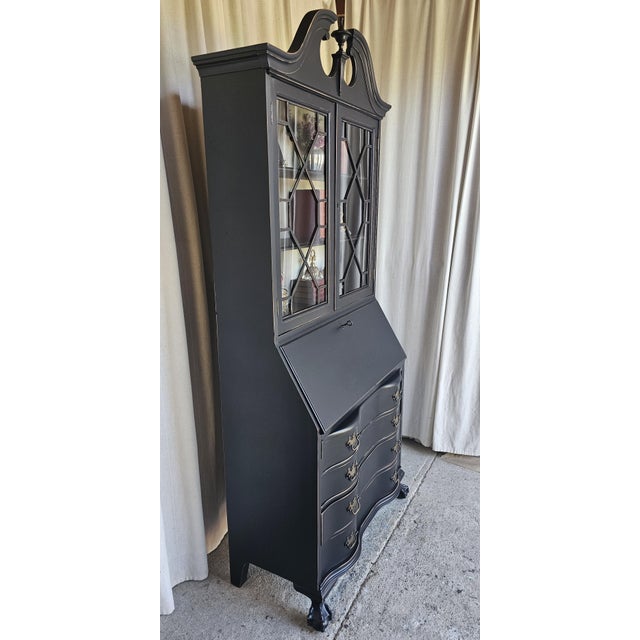 Black Chippendale Style Secretary Desk/ Secretary Hutch, Circa 1940's For Sale - Image 12 of 16