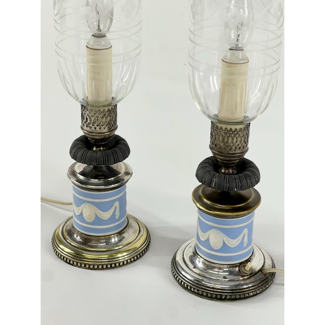 Wedgwood Pair of Vintage Sister Jasperware Candlestick Lamps, Attributed to Wedgwood For Sale - Image 4 of 12