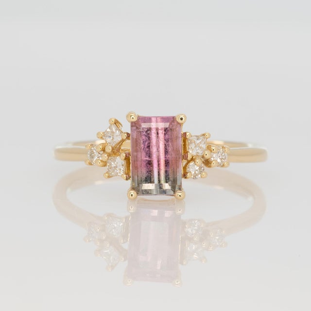 Watermelon Tourmaline Ring With Natural Diamond Accents: Solid 14k Gold, 7x4.5mm, Size 6.75 For Sale - Image 4 of 8