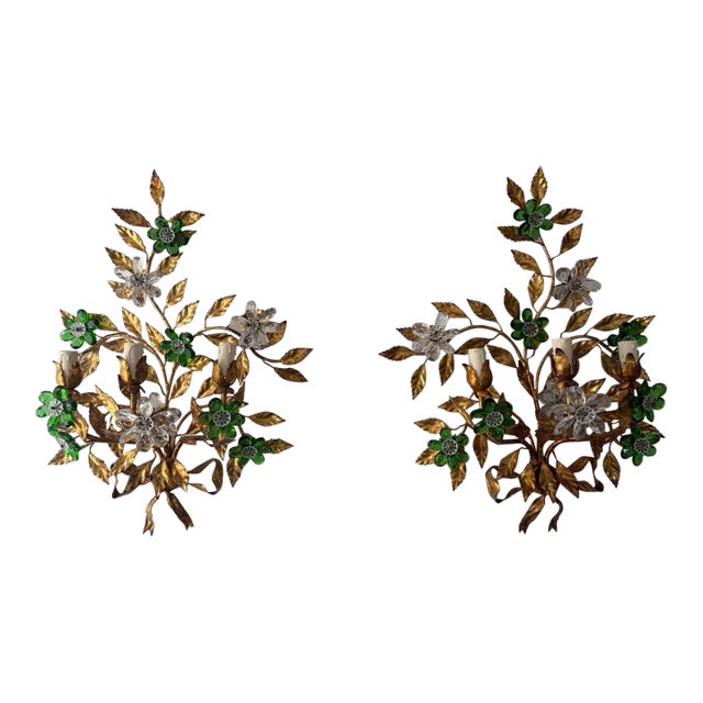 Maison Baguès Style 3 Lights Green Crystal Flowers Tole Bow Sconces, Circa 1940 For Sale