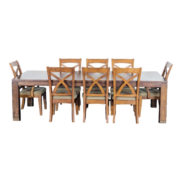 Bassett 9-Piece Wooden Extendable Dining Set With Cushioned Chairs For Sale