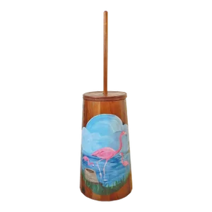 Antique Wooden Butter Churn Oak Wood Hand Painted & Signed Flamingos