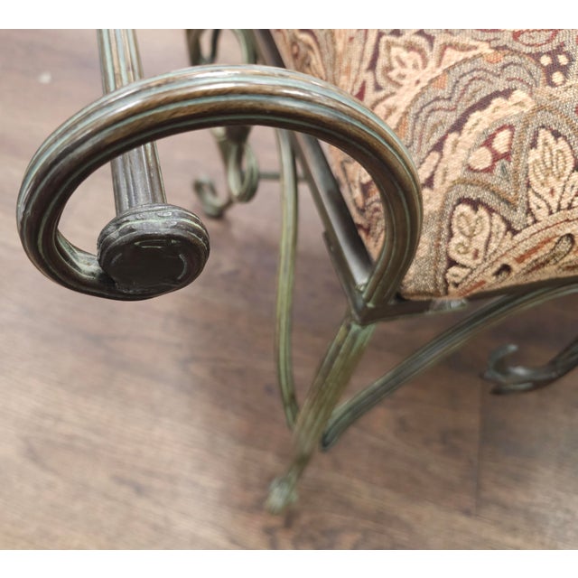 Late 20th Century French Country Patinated Copper-Finished Metal and Upholstered Hall Bench For Sale In Washington DC - Image 6 of 13