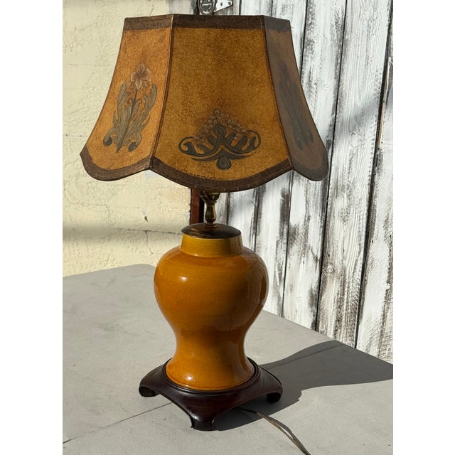 1940s Eggyolk Chinese &Terracotta Color Lamp With Custom Floral With Hand Painted Parchment Shade For Sale - Image 11 of 18